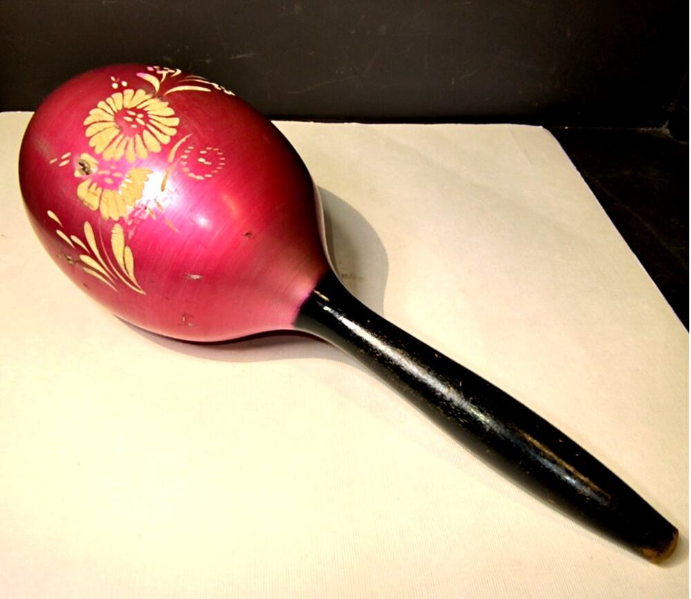 1917.  Vintage Mexican Wooden Maraca Hand Carved Design Percussion Folk Art